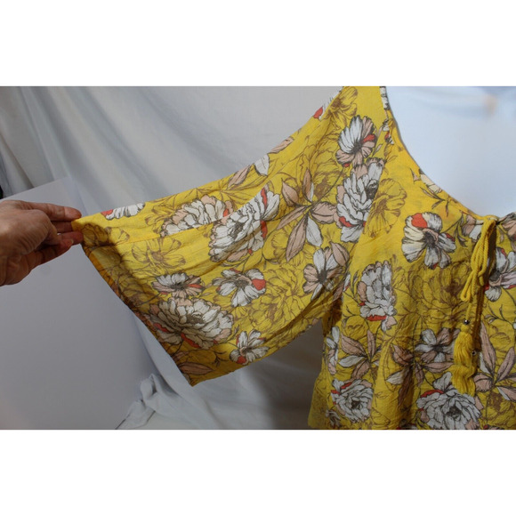 Unique Spectrum Yellow Floral Flare S/S Top Women's 2X Tassels Lace Hem Pullover - Picture 4 of 14